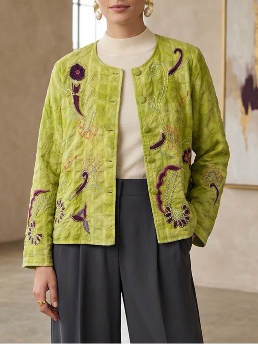 Mirasol Lime Green Floral Embroidered Cotton Jacket‎ Art to Wear Size M JCLJ0001